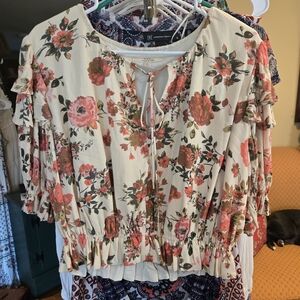INC International Concepts Cream Floral Ruffle Blouse